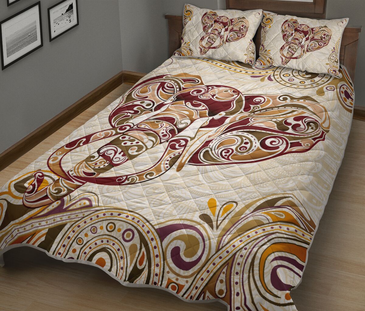 Elephant Asia Floral Background Style Quilt Bed Set - Love Quilt Bedding Set