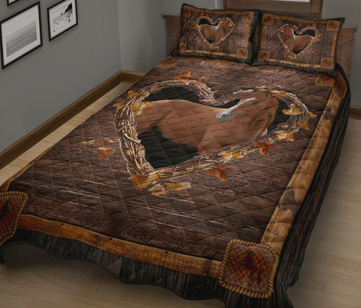 Horse Wood Heart Tree Dry Style Quilt Bed Set - Love Quilt Bedding Set
