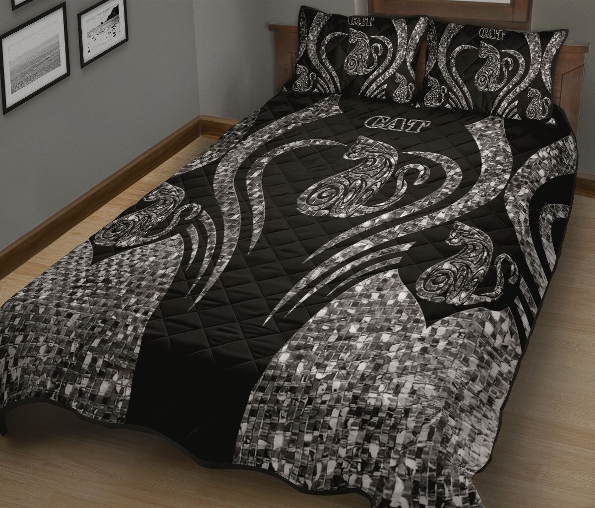 Cat Heart Line Style Quilt Bed Set - Love Quilt Bedding Set