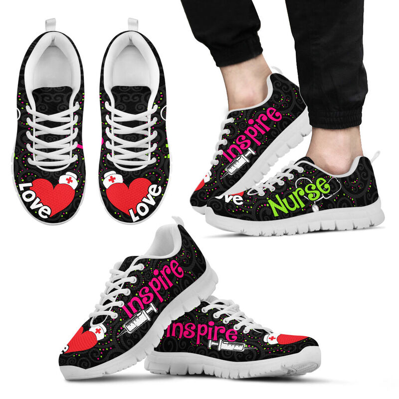 Nurse Love Inspire Black Sneakers, Running Shoes, Shoes For Women, Shoes For Men, Custom Sh- Love Sneakers