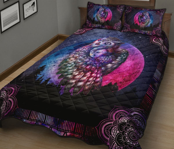 Owl Drawn Galaxy Mandala Flower Style Quilt Bed Set - Love Quilt Bedding Set