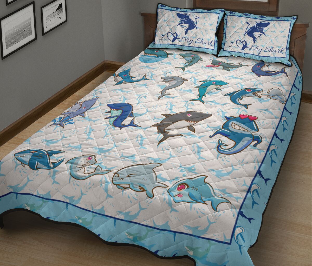 Shark Art Style Quilt Bed Set - Love Quilt Bedding Set