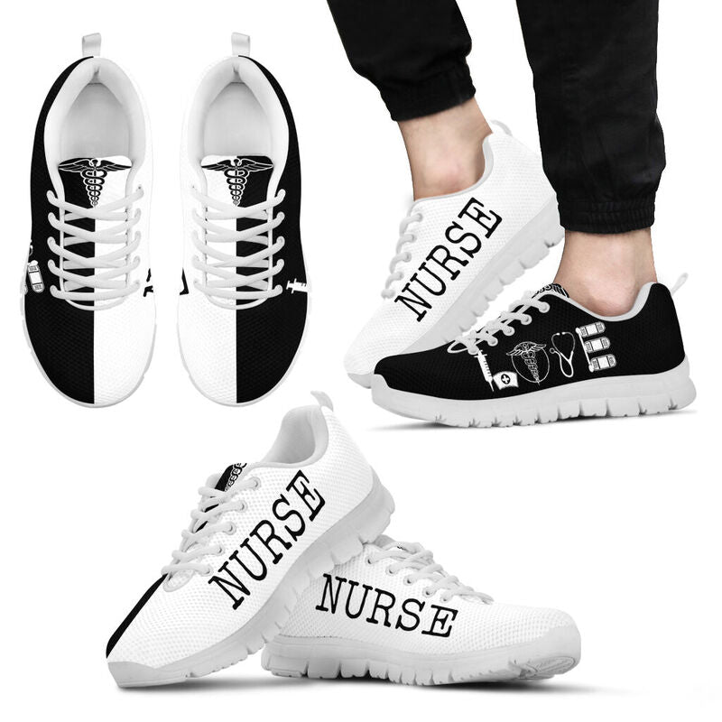 Nurse- Love Black White Sneakers, Running Shoes, Shoes For Women, Shoes For Men, Custom Shoe- Love Sneakers