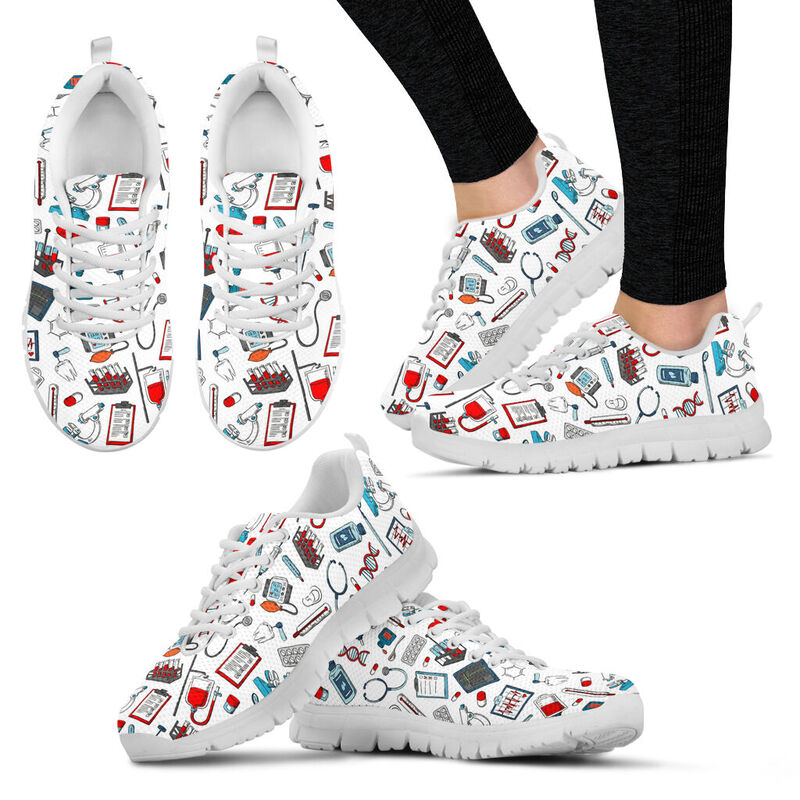 Nurse Pattern White Sneakers, Running Shoes, Shoes For Women, Shoes For Men, Custom Shoes, L- Love Sneakers
