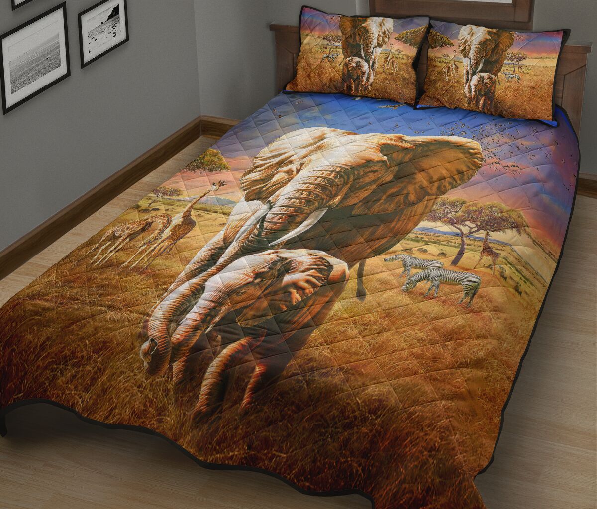 Elephant Mom And Baby Art Style Quilt Bed Set - Love Quilt Bedding Set