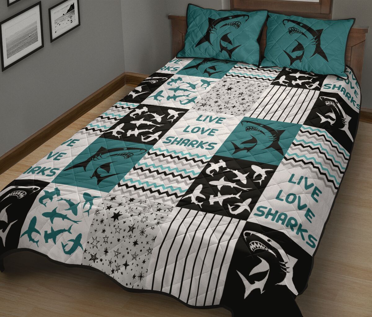 Live Love Sharks Pattern Quilt Bed Set - Love Quilt Bedding Set