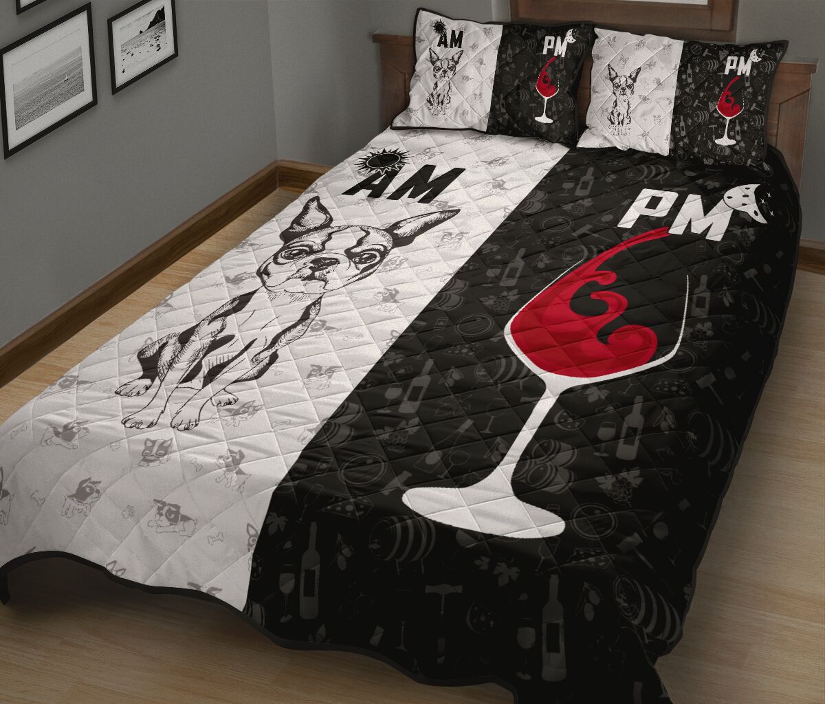 Boston Terrier Dog Black And White Style Quilt Bed Set - Love Quilt Bedding Set