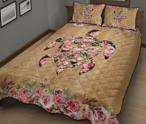 Turtle Flower Wood Style Quilt Bed Set - Love Quilt Bedding Set