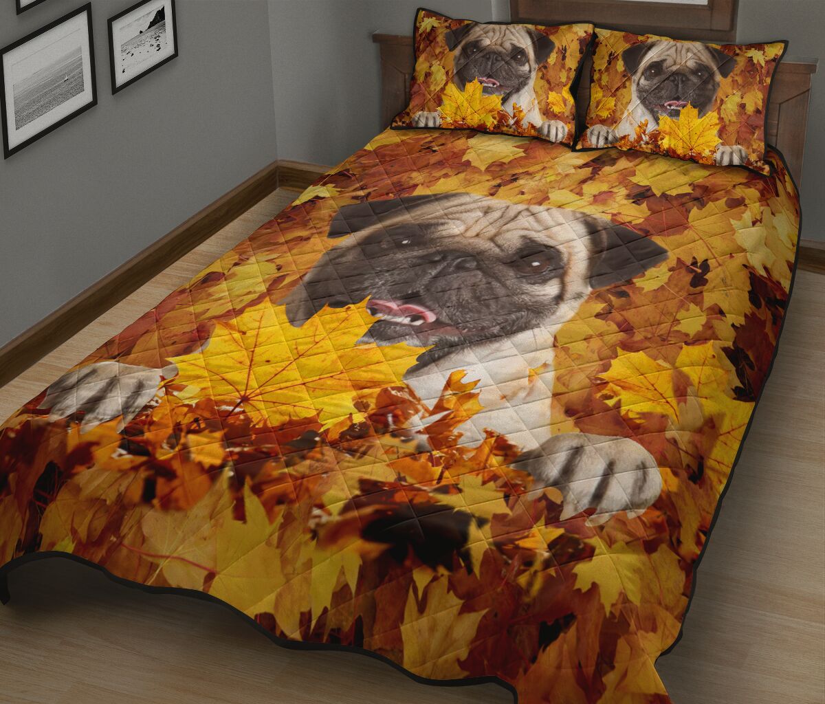 Pug And Leaves - Bed Set - Love Quilt Bedding Set