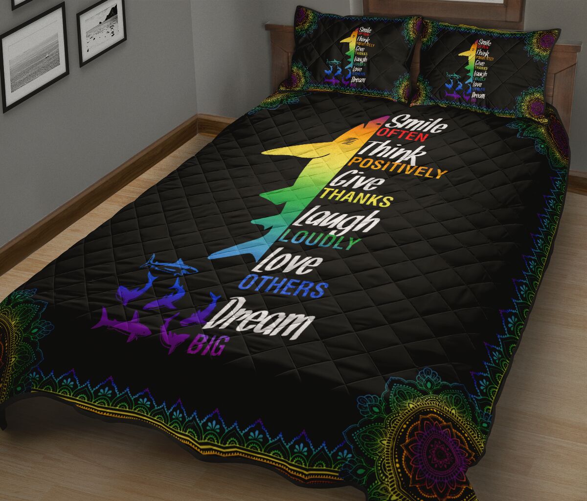 Shark Rainbow Color Smile Often Think Quilt Bed Set - Love Quilt Bedding Set