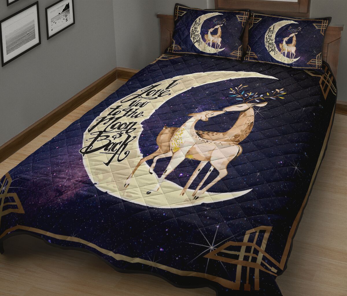 Deer I Love You To The Moon And Back Quilt Bed Set- Love Quilt Bedding Set