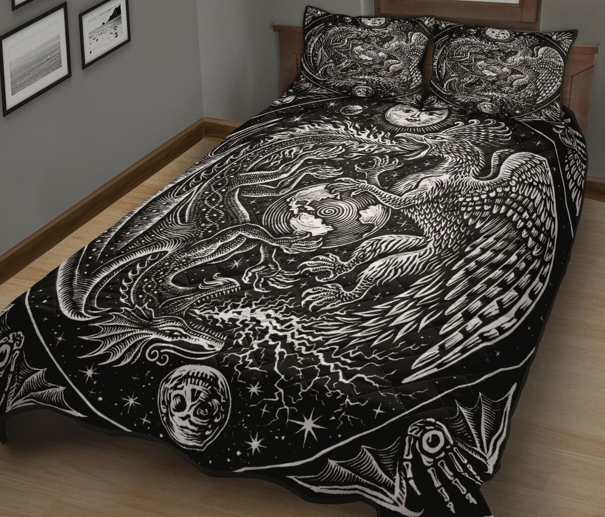 Dragon Andphoenix Drawn Art Style Quilt Bed Set - Love Quilt Bedding Set