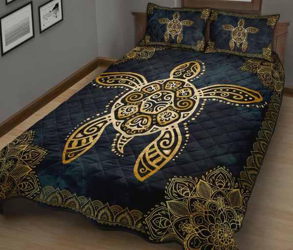 Turtle Mandala Gold Art Style Quilt Bed Set - Love Quilt Bedding Set