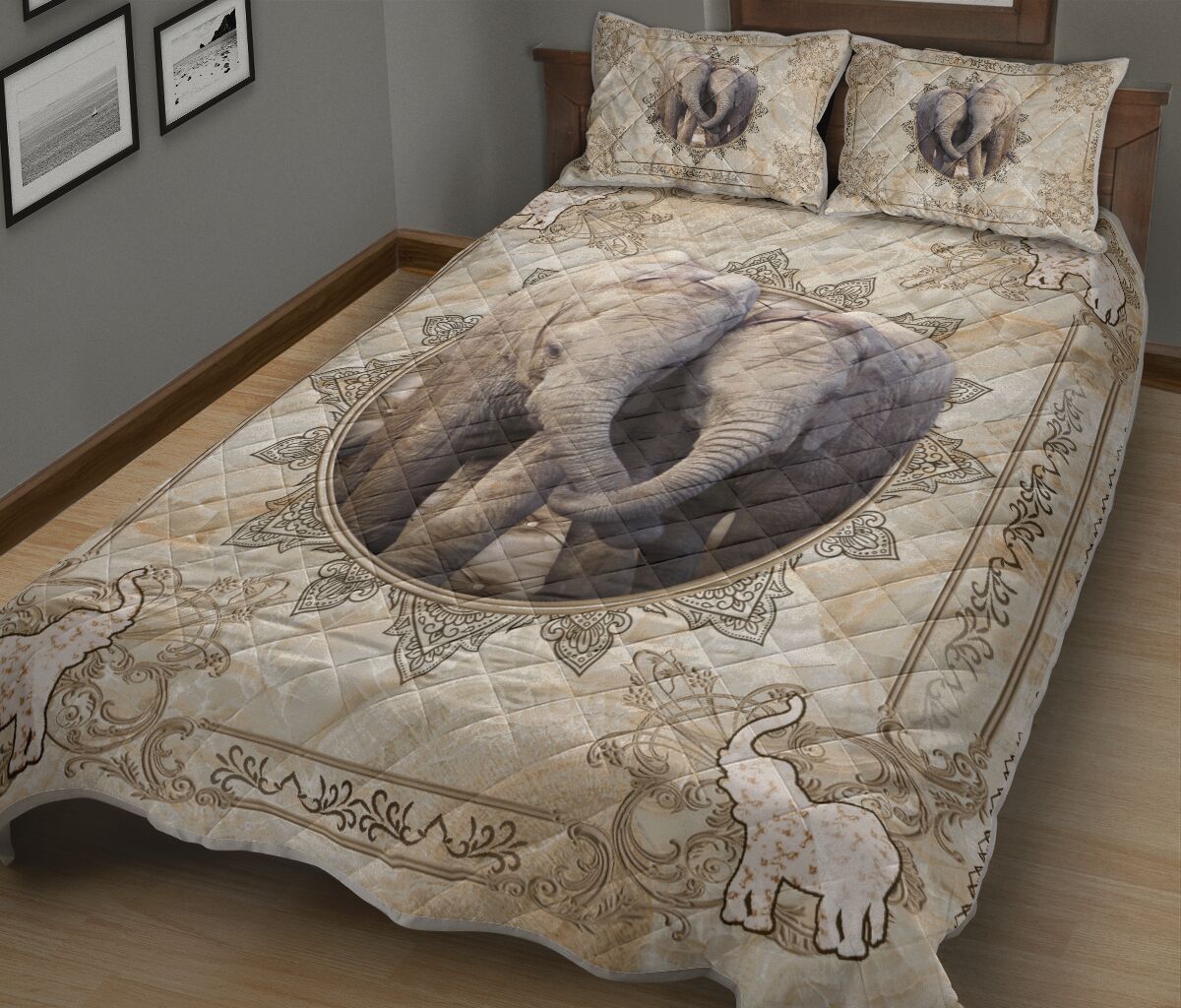 Elephant Love Mandala Ceramic Style Quilt Bed Set - Love Quilt Bedding Set