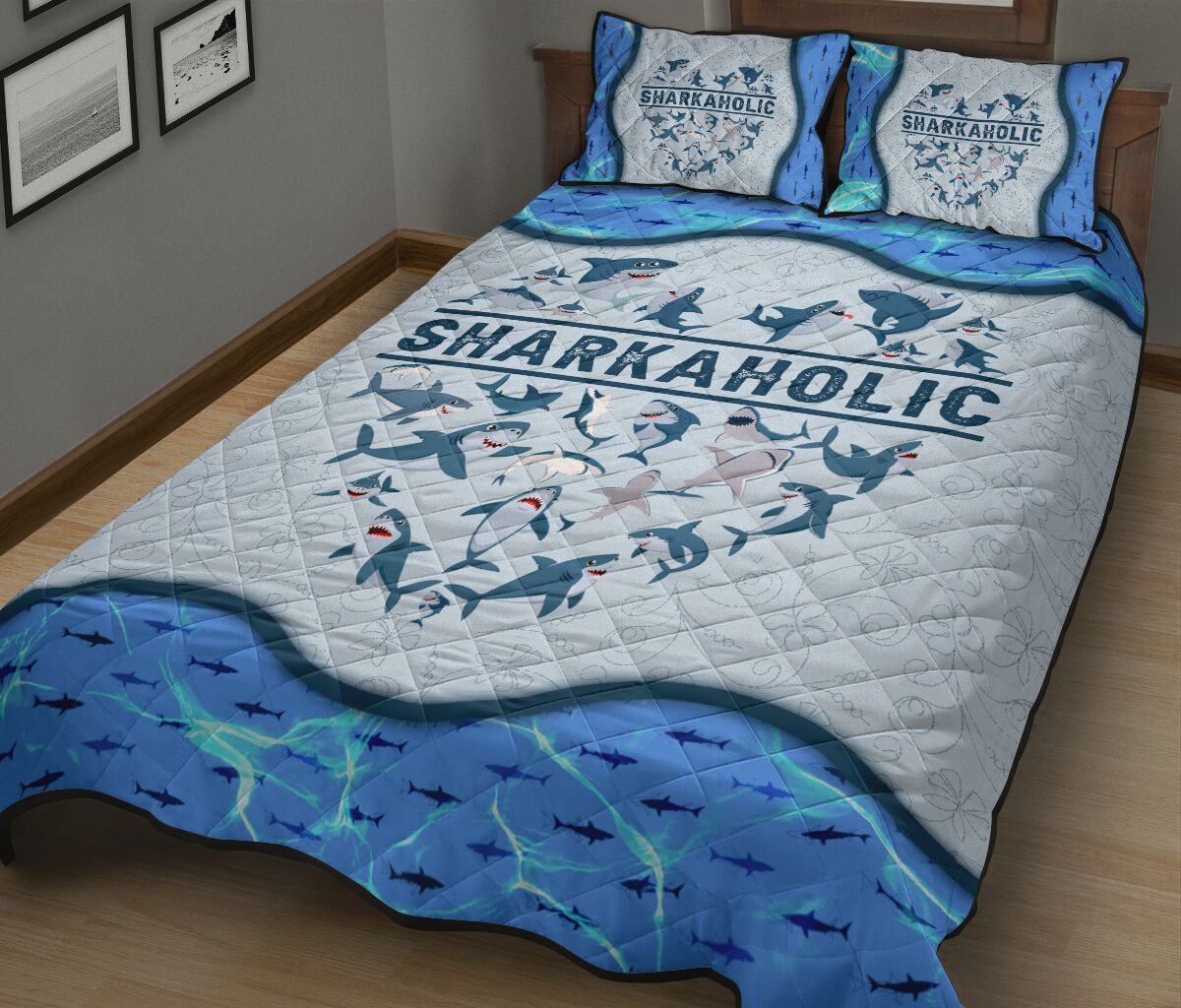 Sharkaholic Pattern Heart Style Quilt Bed Set - Love Quilt Bedding Set