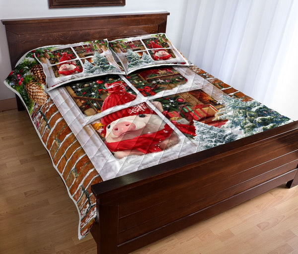 Pig Snow Christmas Window Art Style Quilt Bed Set- Love Quilt Bedding Set