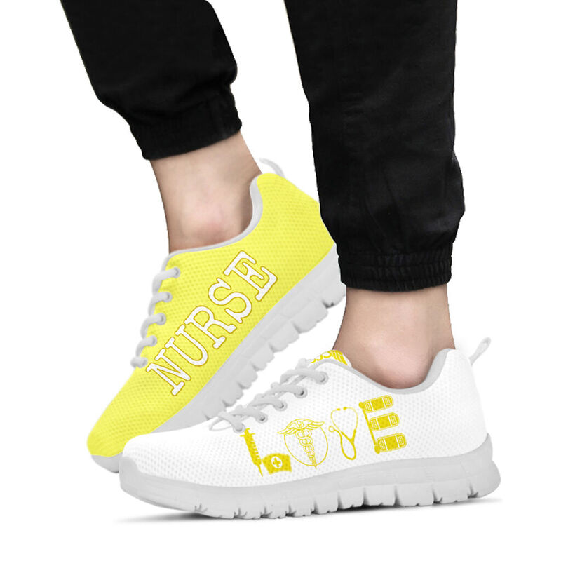 Nurse- Love Fluorescent Yellow White Sneakers, Running Shoes, Shoes For Women, Shoes For Men- Love Sneakers