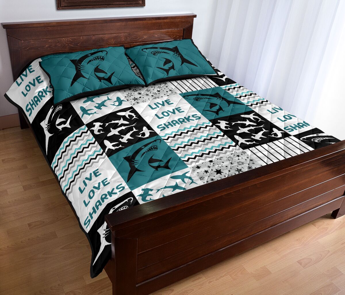 Live Love Sharks Pattern Quilt Bed Set - Love Quilt Bedding Set