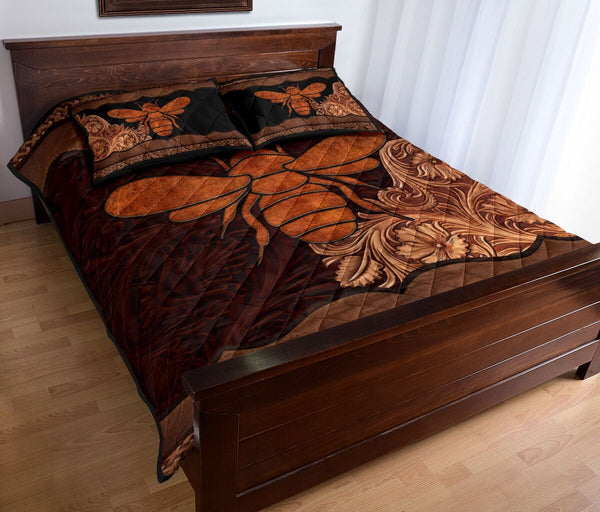 Bee Carving Leather Skin Style Quilt Bed Set - Love Quilt Bedding Set