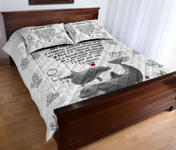 Dolphin Heart I Choose You Quotes Drawn Style Quilt Bed Set- Love Quilt Bedding Set