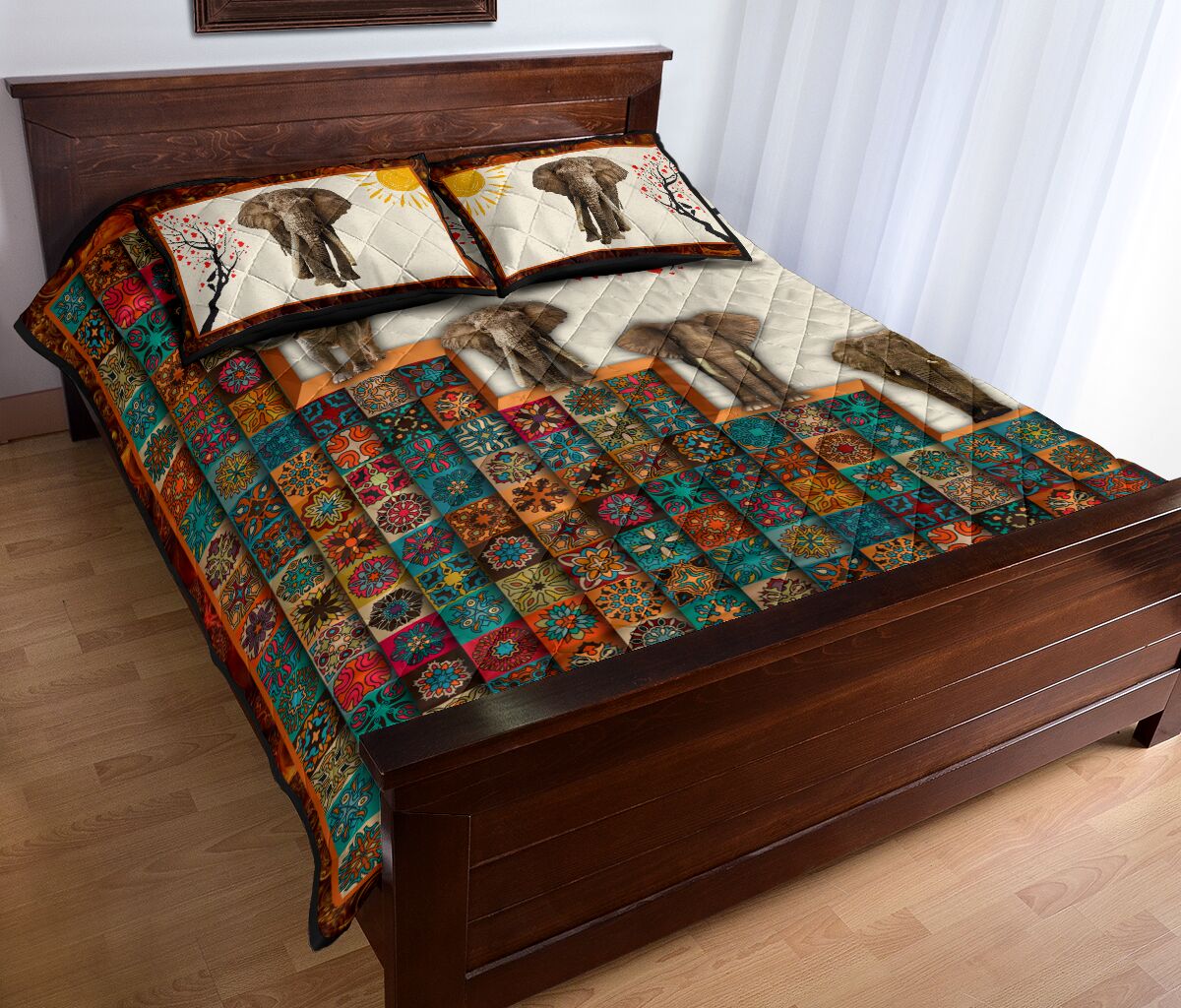 Elephant Sun And Tree Mandala Style Quilt Bed Set - Love Quilt Bedding Set