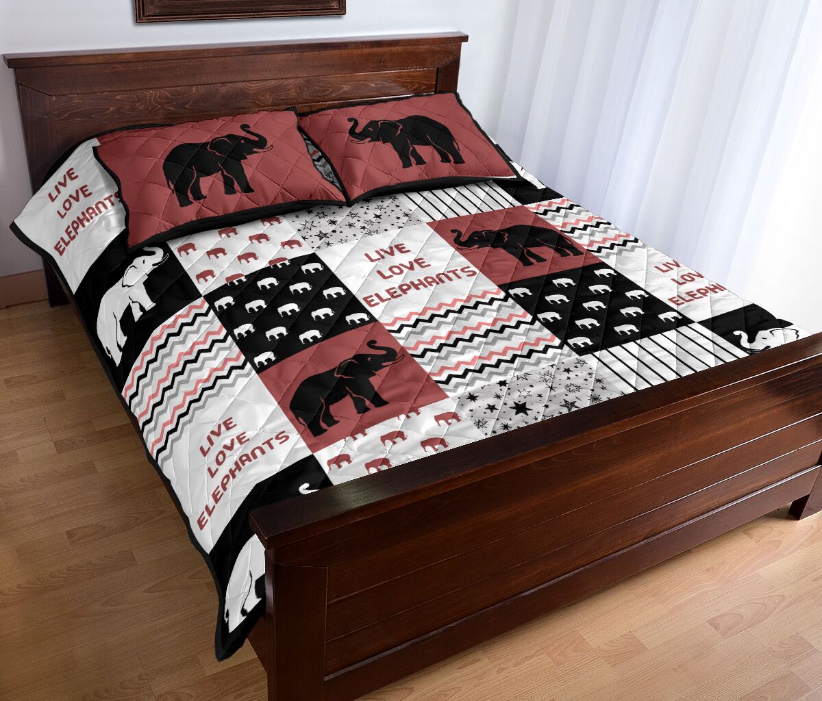 Live Love Elephants Pattern Quilt Bed Set - Love Quilt Bedding Set