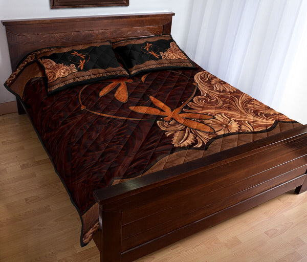 Dragonfly Animal Carving Leather Skin Style Quilt Bed Set - Love Quilt Bedding Set