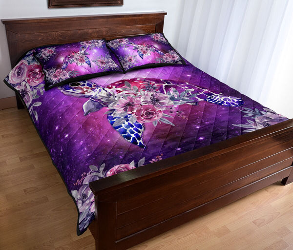 Turtle Flower Watercolor Galaxy Style Quilt Bed Set - Love Quilt Bedding Set