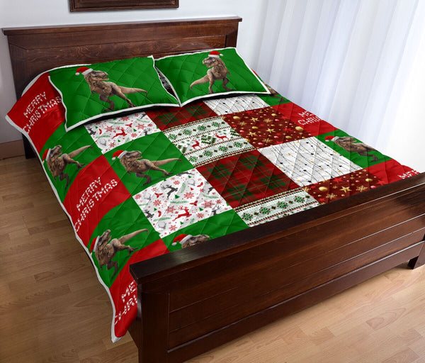 Dinosaurs Merry Christmas Pattern Style Quilt Bed Set - Love Quilt Bedding Set