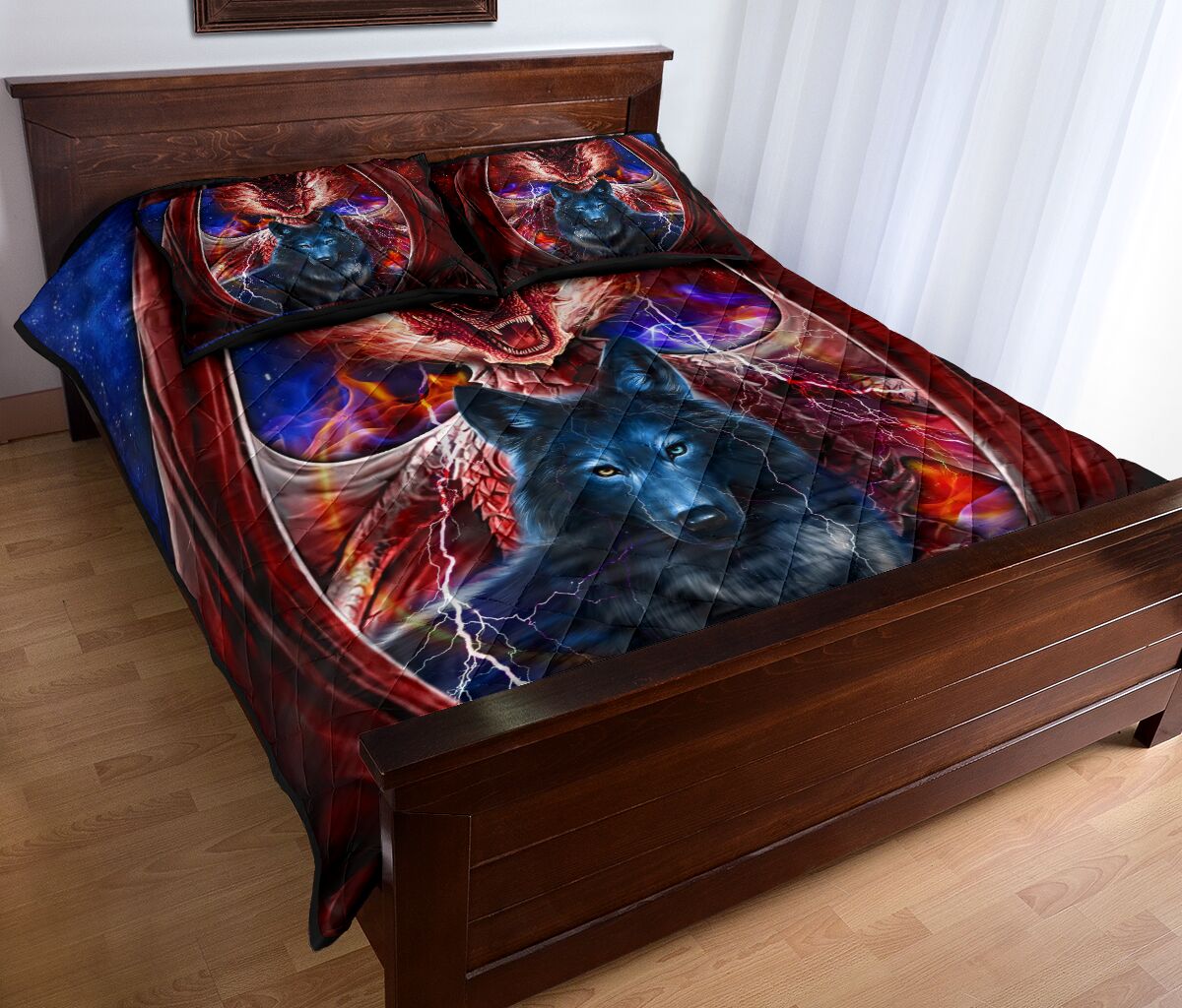 Dragon Fire And Wolf Galaxy Light Style Quilt Bed Set - Love Quilt Bedding Set