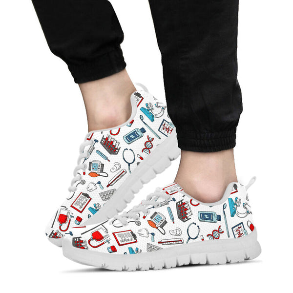Nurse Pattern White Sneakers, Running Shoes, Shoes For Women, Shoes For Men, Custom Shoes, L- Love Sneakers