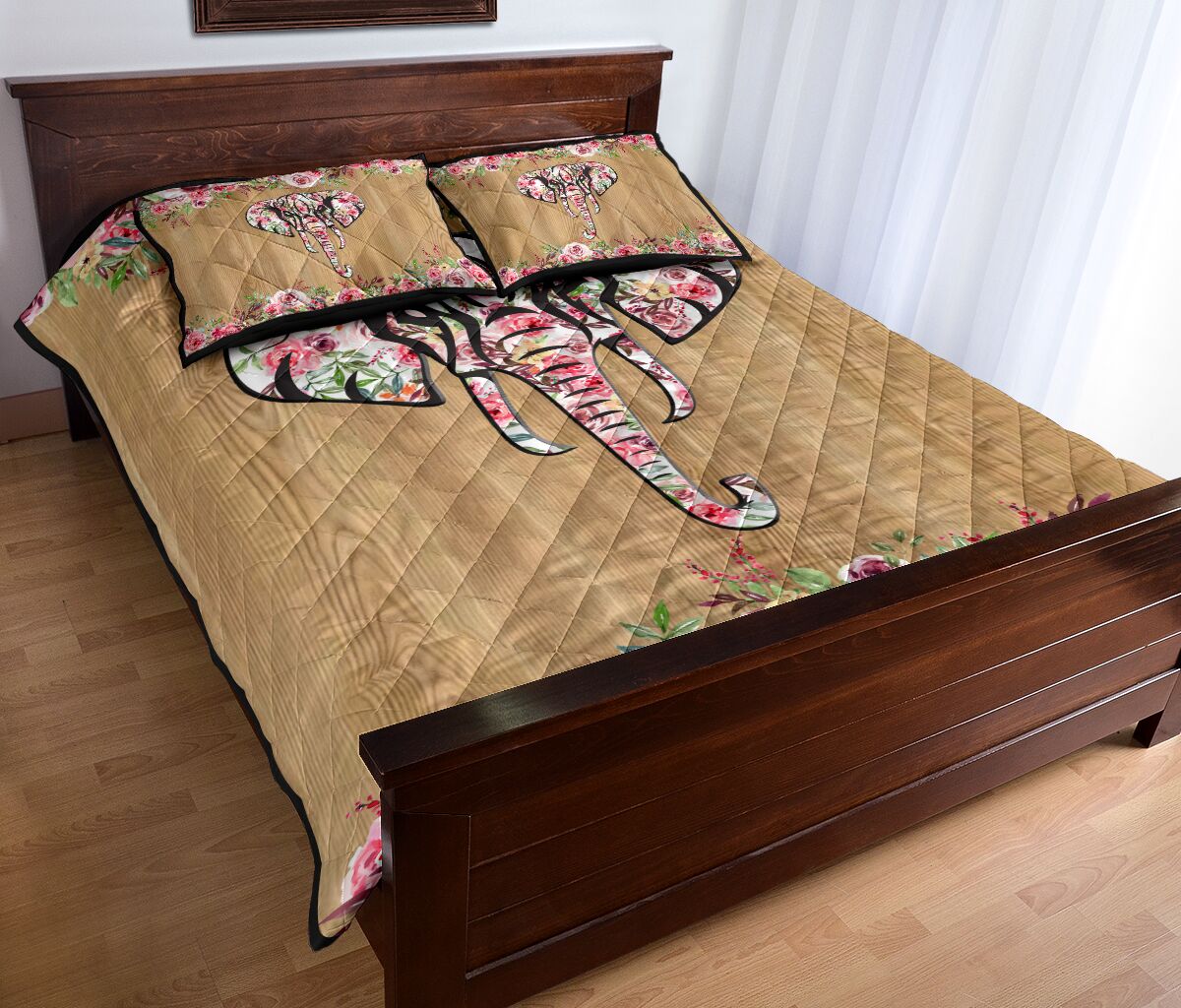Elephant Flower Wood Style Quilt Bed Set - Love Quilt Bedding Set