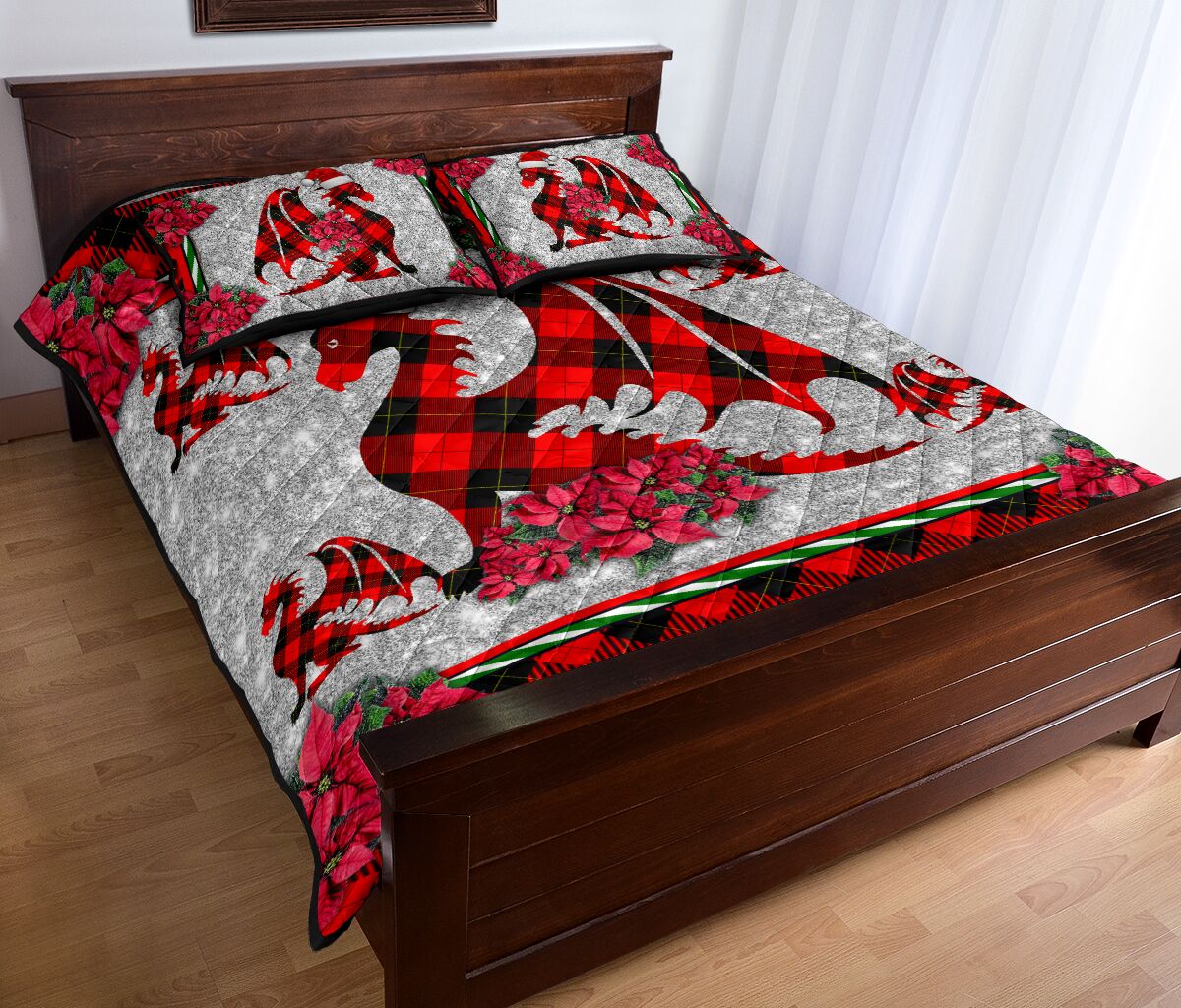 Dragon Christmas Faux Glitter Print Quilt Bed Set - Love Quilt Bedding Set