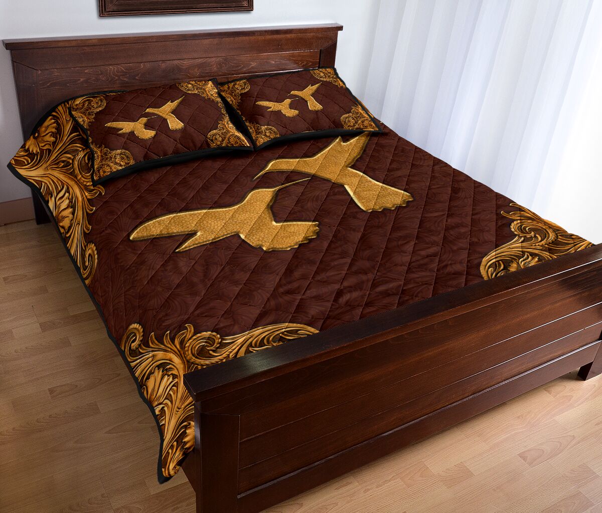 Humingbird Flying Leather Carving Style Quilt Bed Set - Love Quilt Bedding Set