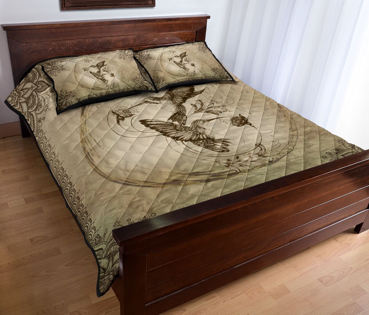 Humming Bird Pencil Drawing Style Quilt Bed Set - Love Quilt Bedding Set