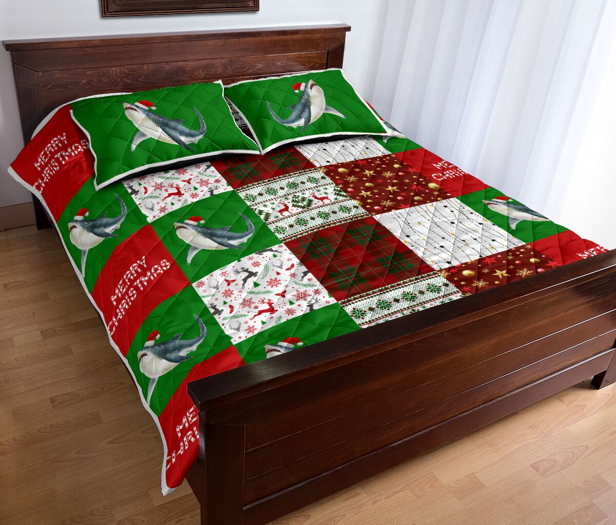 Shark Merry Christmas Pattern Style Quilt Bed Set - Love Quilt Bedding Set