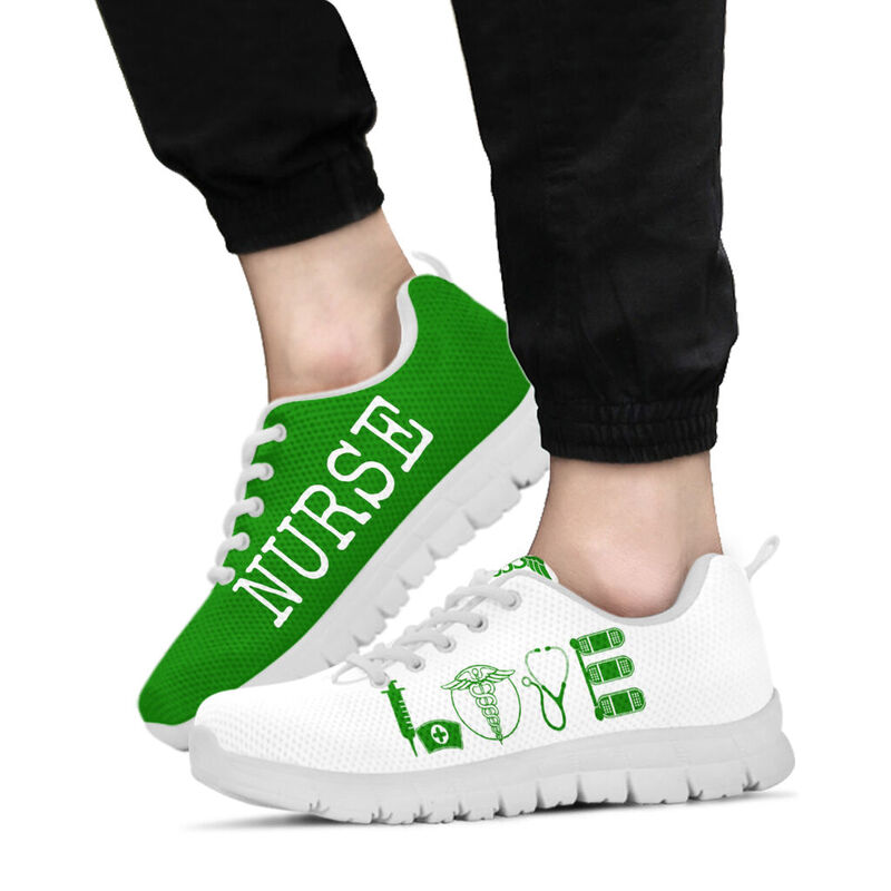 Nurse- Love Green White Sneakers, Running Shoes, Shoes For Women, Shoes For Men, Custom Shoe- Love Sneakers