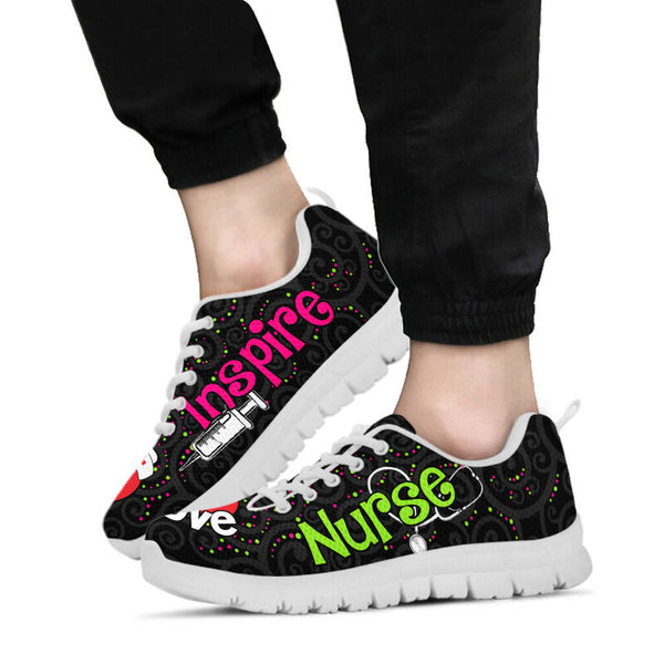 Nurse Love Inspire Black Sneakers, Running Shoes, Shoes For Women, Shoes For Men, Custom Sh- Love Sneakers