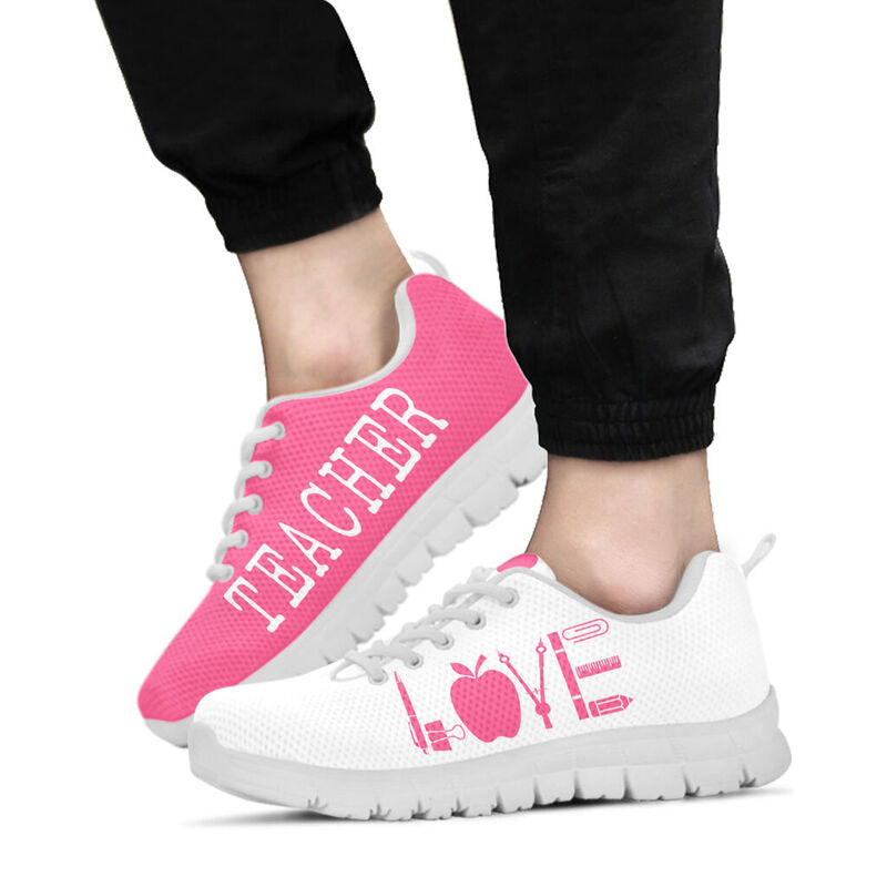 Teacher Love Pink White Shoes Sneakers, Runni- Love Sneakers