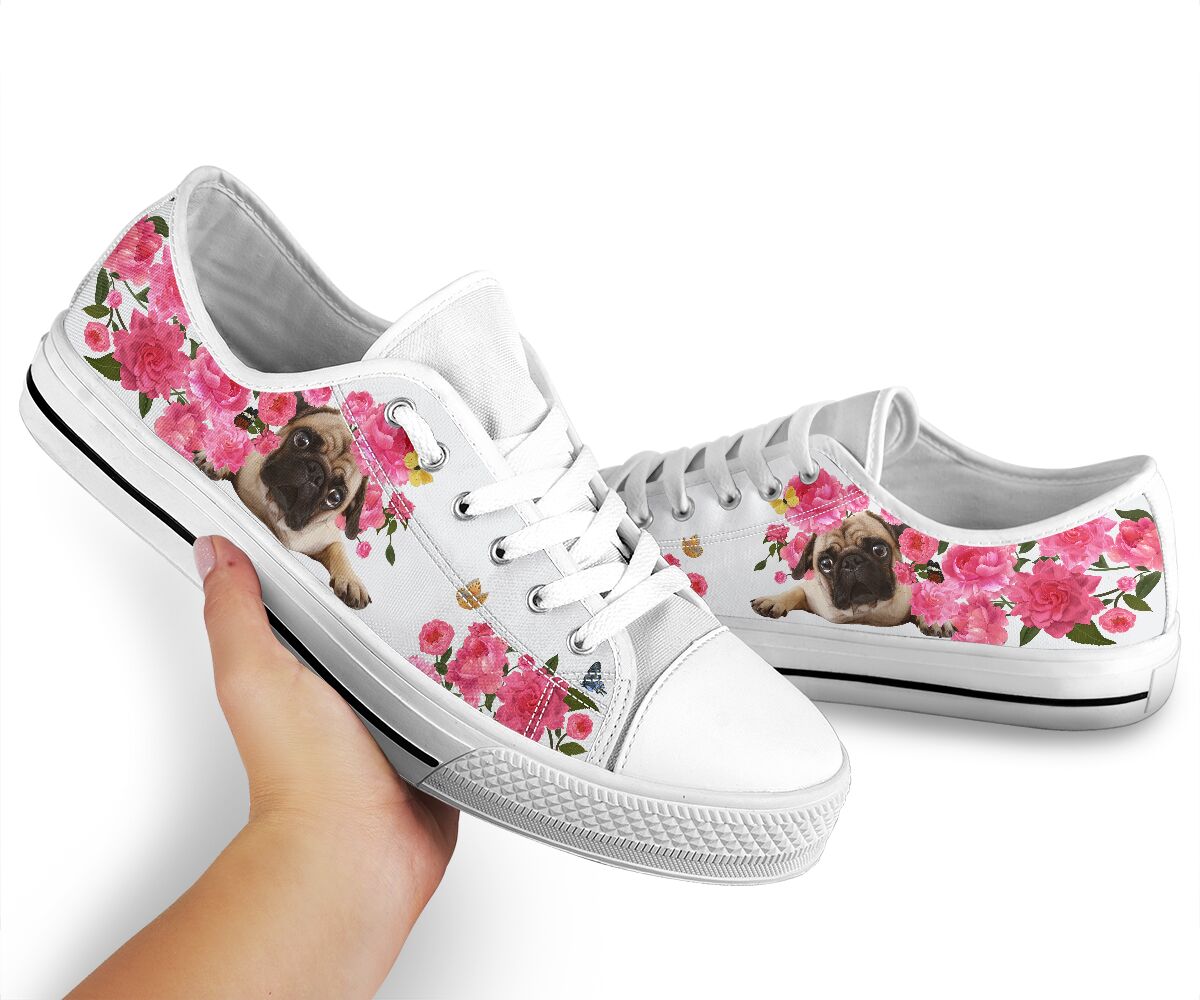 Pug And Flowers - Low Top Shoe - Love Love Top Shoes