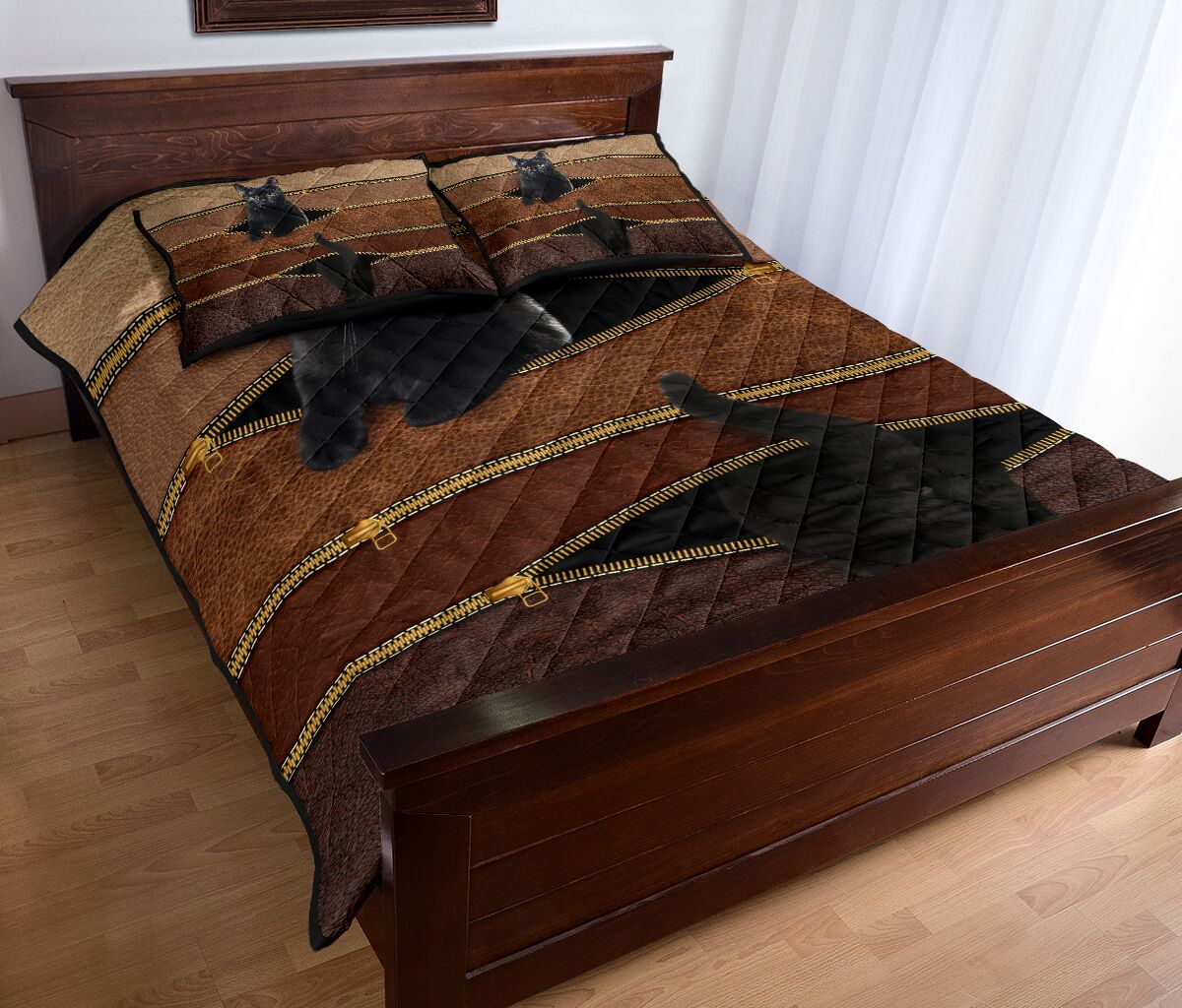 Cat Black Zipper Leather Quilt Bed Set- Love Quilt Bedding Set