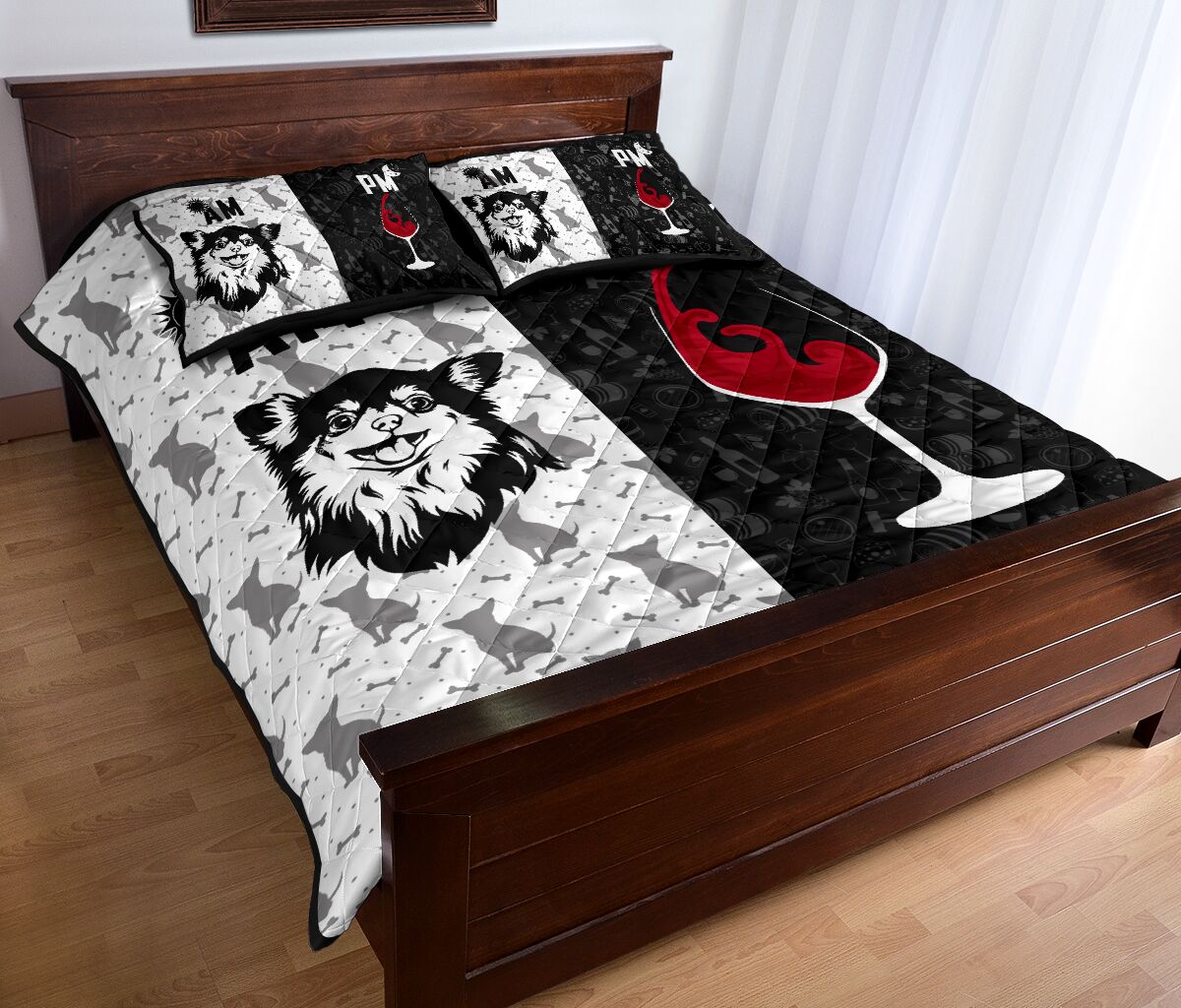 Chihuahua Long Haired Black And White Style Quilt Bed Set - Love Quilt Bedding Set