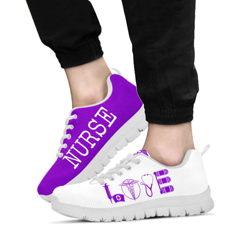 Nurse- Love Purple White Sneakers, Running Shoes, Shoes For Women, Shoes For Men, Custom Sh- Love Sneakers