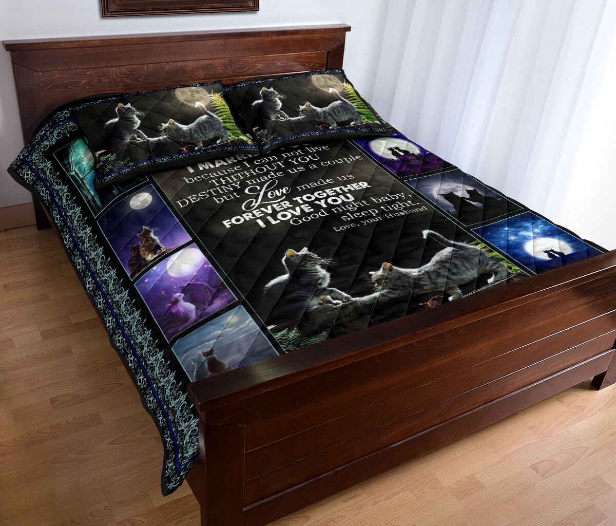 Cat Love Dark Moon Quilt Bed Set - Love Quilt Bedding Set