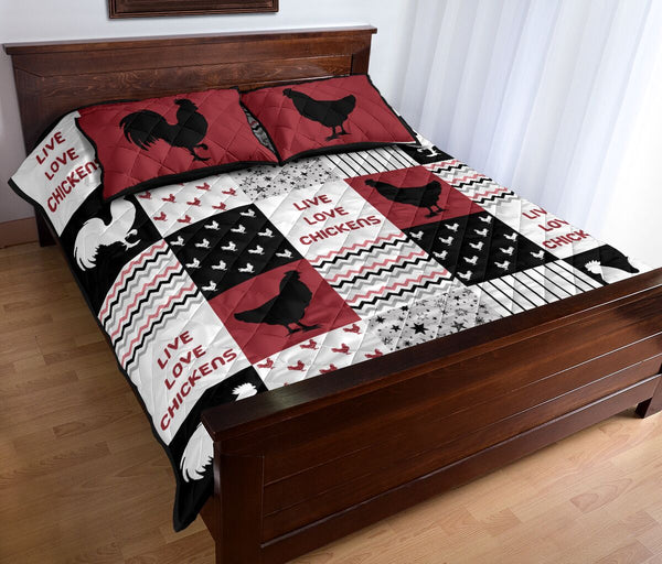 Live Love Chickens Pattern Quilt Bed Set - Love Quilt Bedding Set