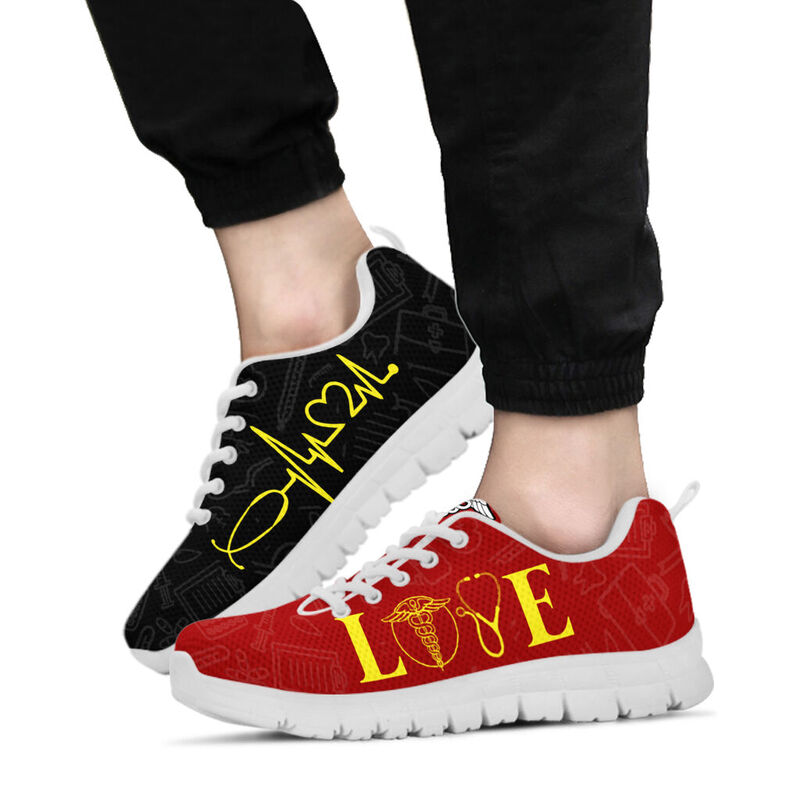 Nurse Love Heartbeat Red Black Sneakers, Running Shoes, Shoes For Women, Shoes For Men, Cust- Love Sneakers