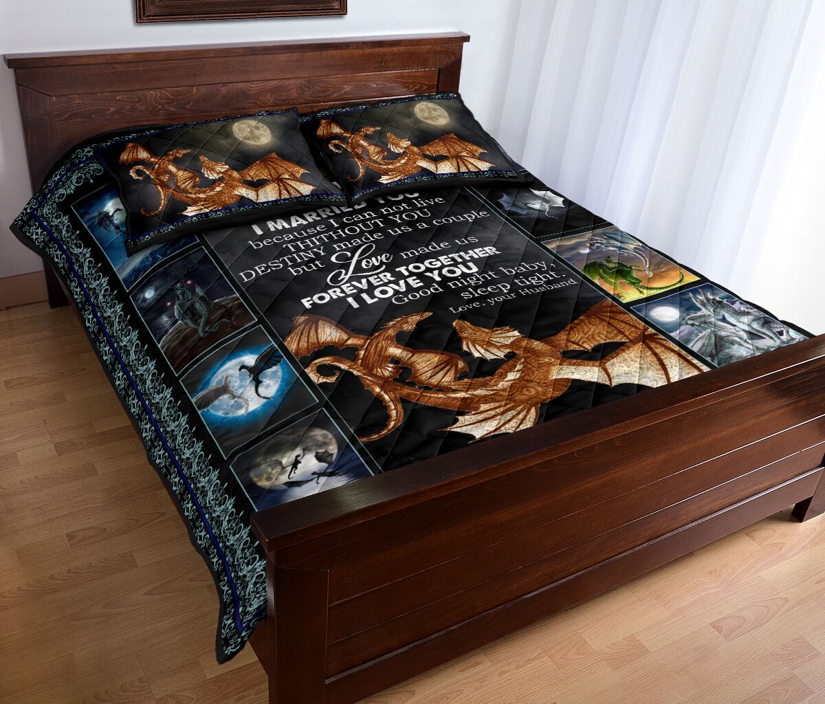 Dragon Love Dark Moon Quilt Bed Set - Love Quilt Bedding Set
