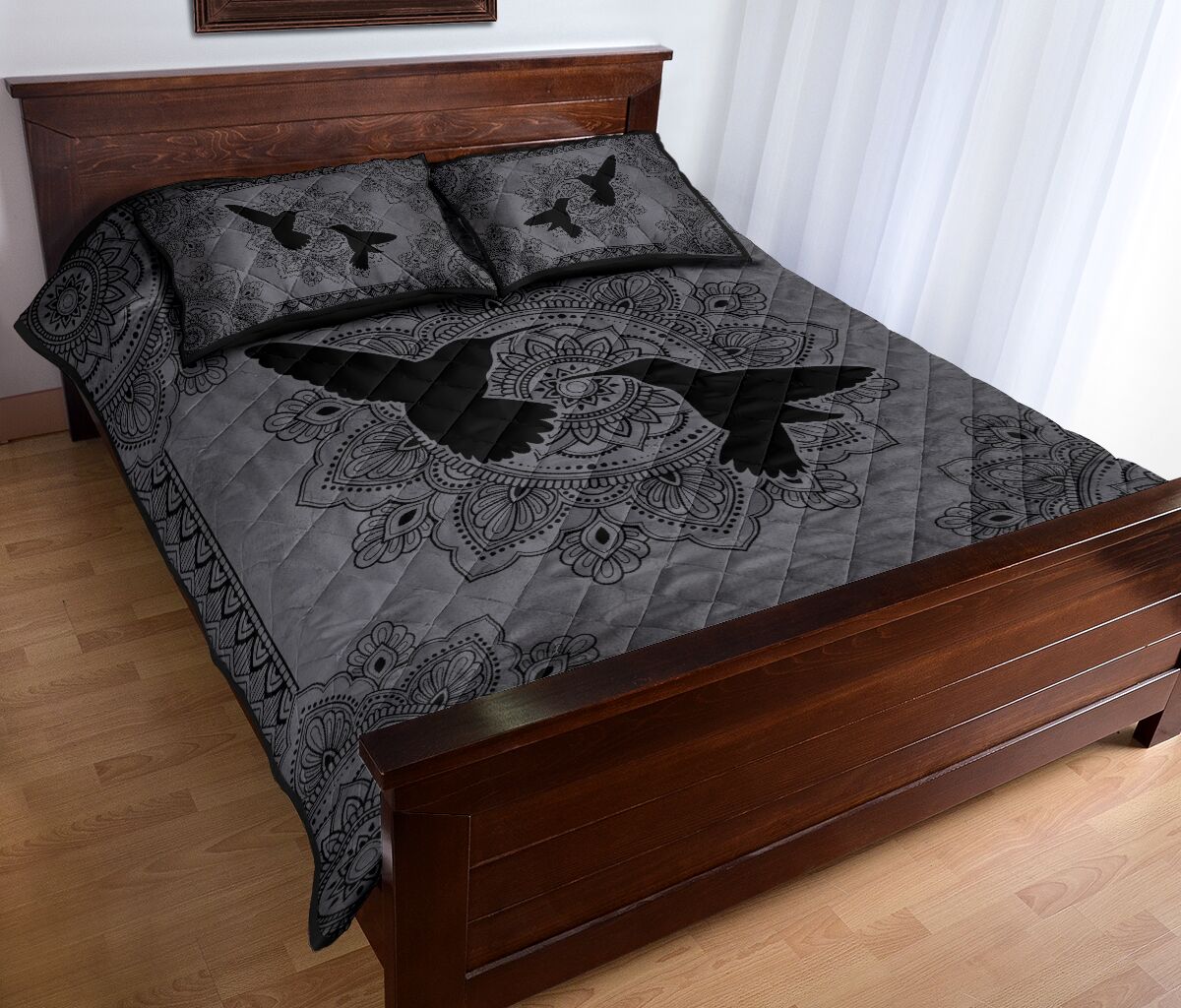 Humming Bird Mandala Grey Quilt Bed Set - Love Quilt Bedding Set