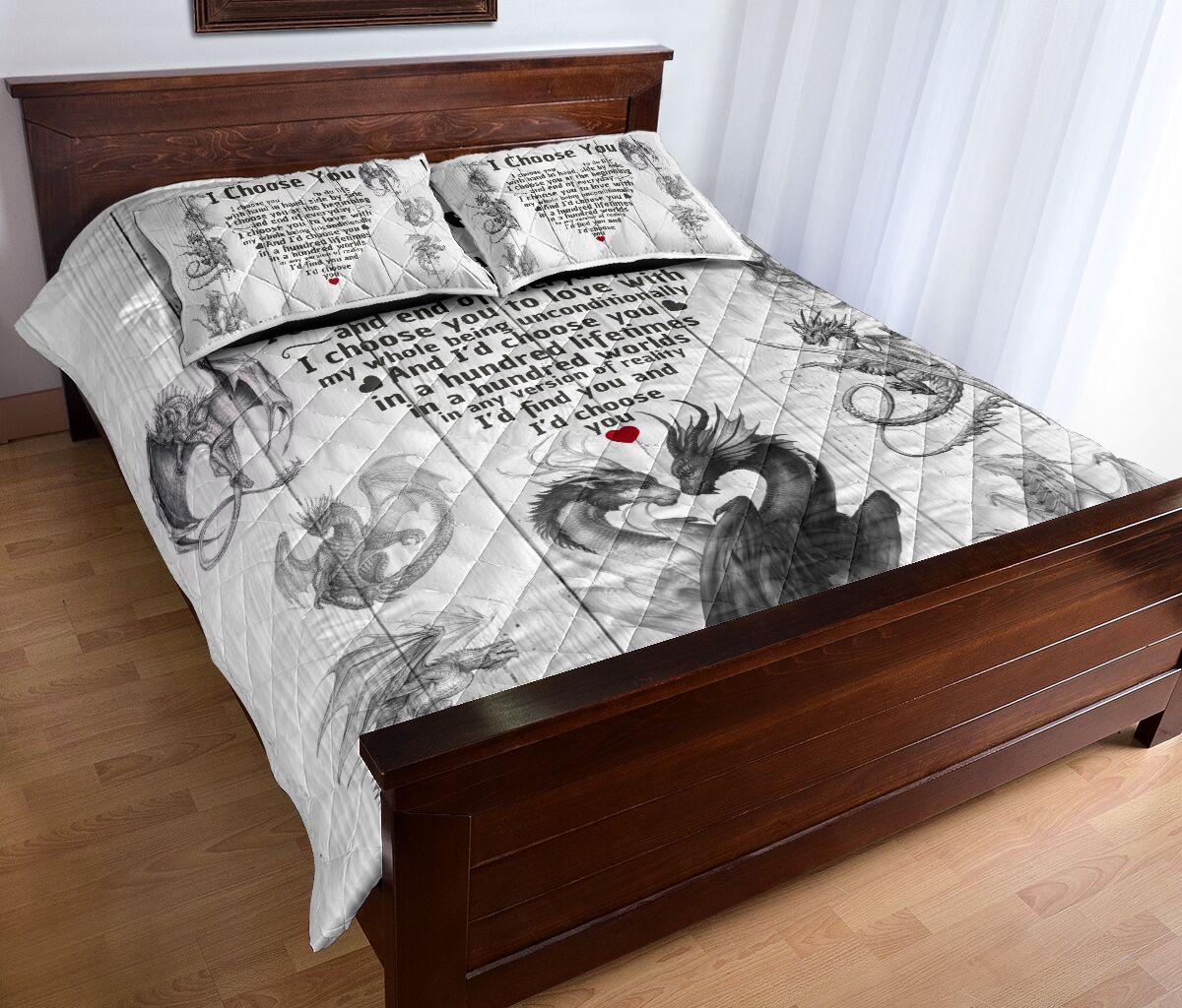 Dragon Heart I Choose You Quotes Drawn Style Quilt Bed Set- Love Quilt Bedding Set