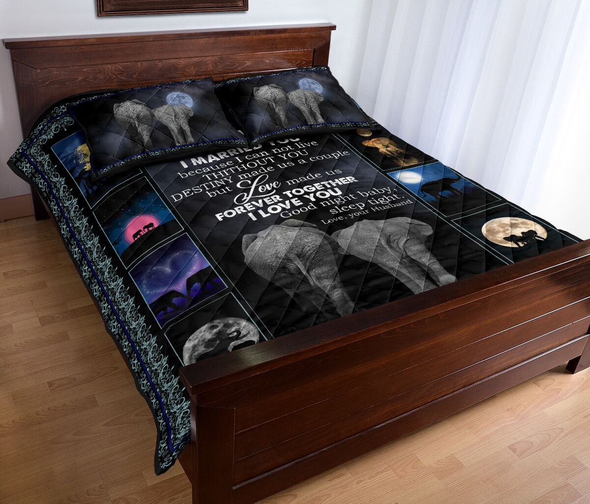 Elephant Love Dark Moon Quilt Bed Set - Love Quilt Bedding Set